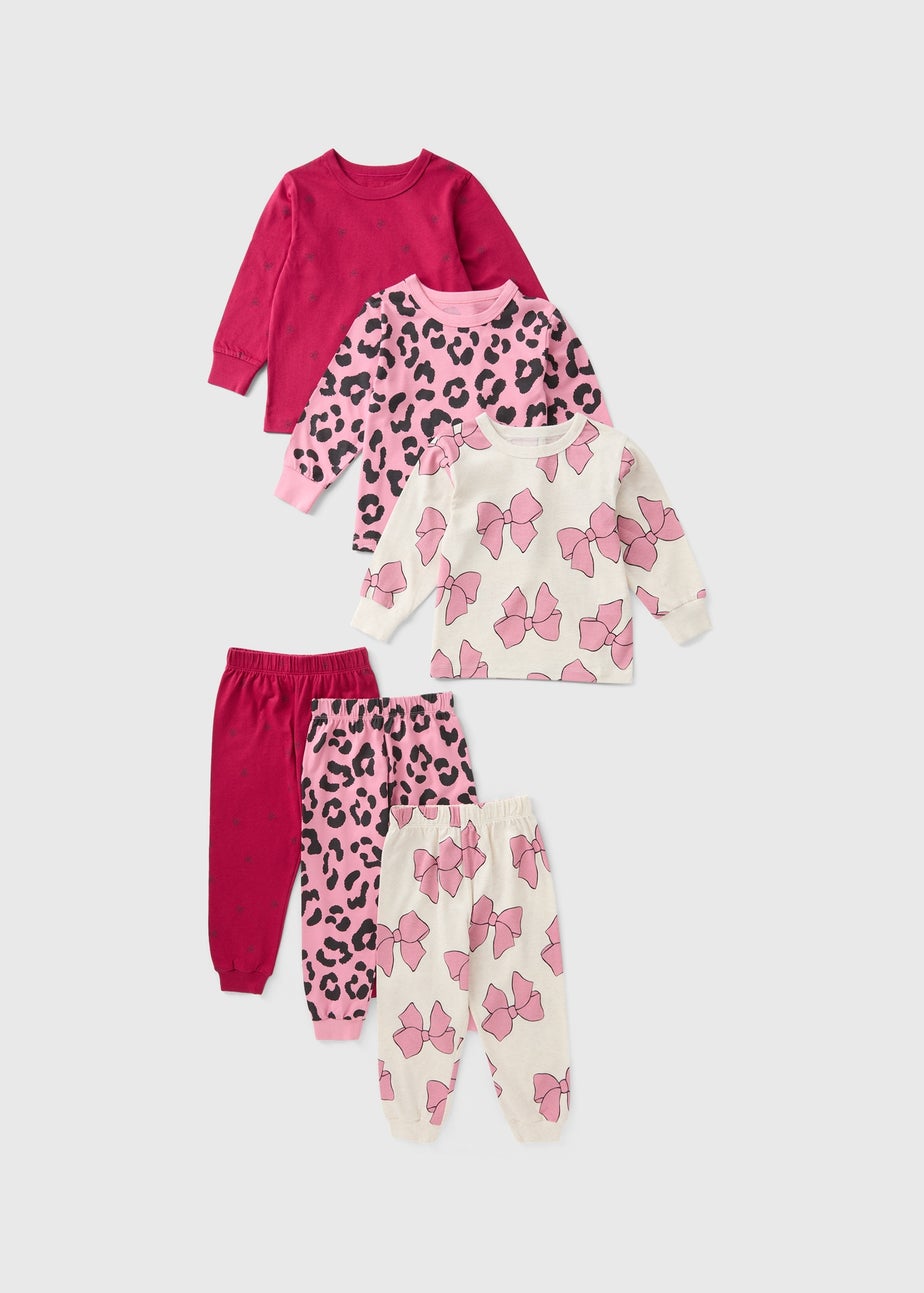 3 Pack Girls Pink Bow Print Pyjama Set (1-13yrs)
