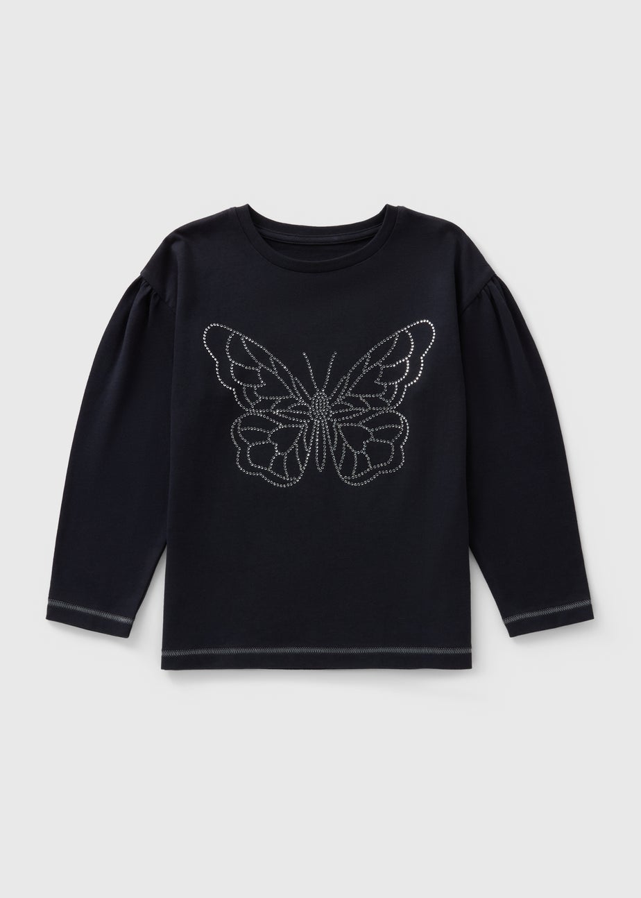 Girls Navy Rhinestone Butterfly Top (7-15yrs)