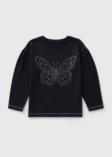 Girls Navy Rhinestone Butterfly Top (7-15yrs)