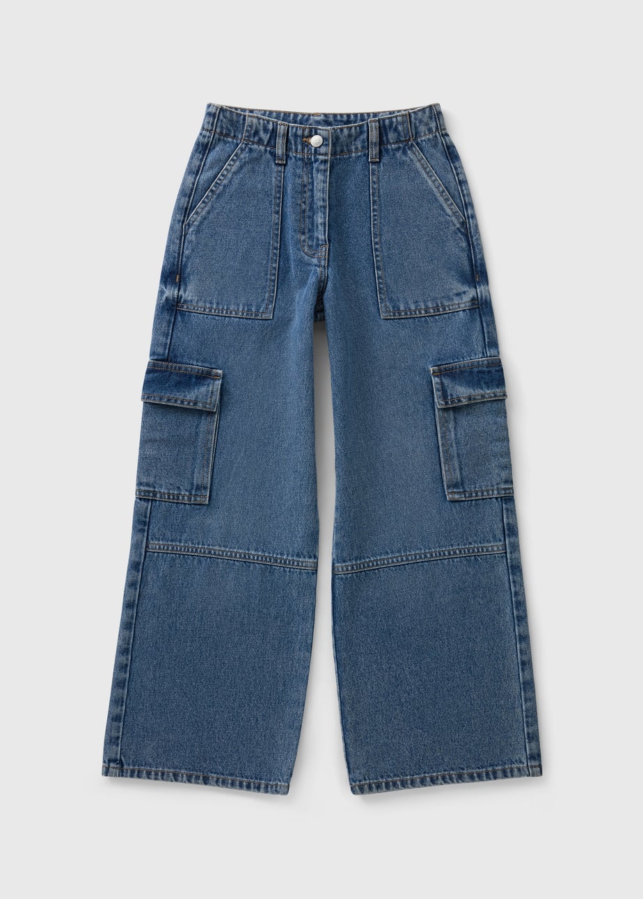 Girls Blue Mid Wash Cargo Jeans (7-15yrs)
