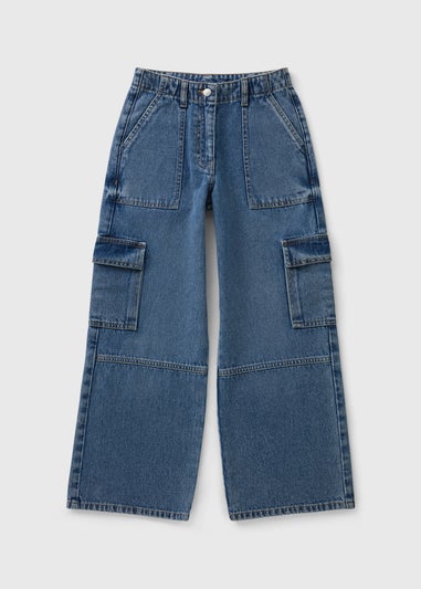 Girls Blue Mid Wash Cargo Jeans (7-15yrs)