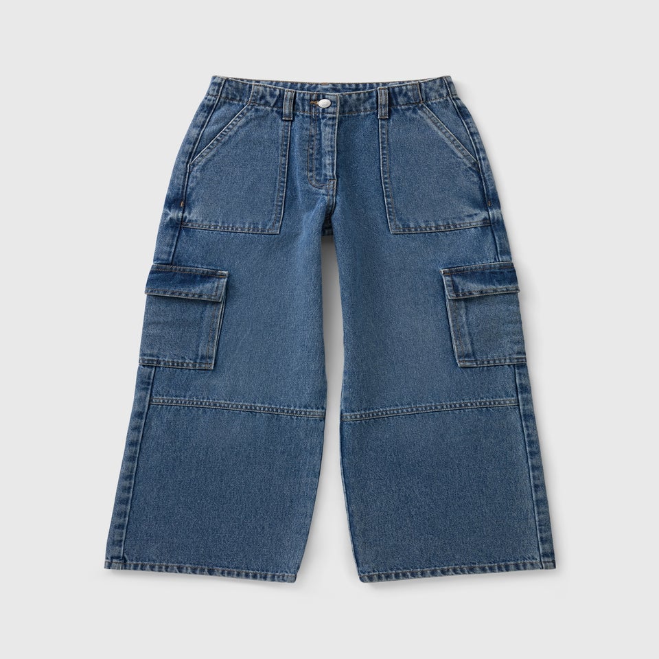 Girls Blue Mid Wash Cargo Jeans (7-15yrs)