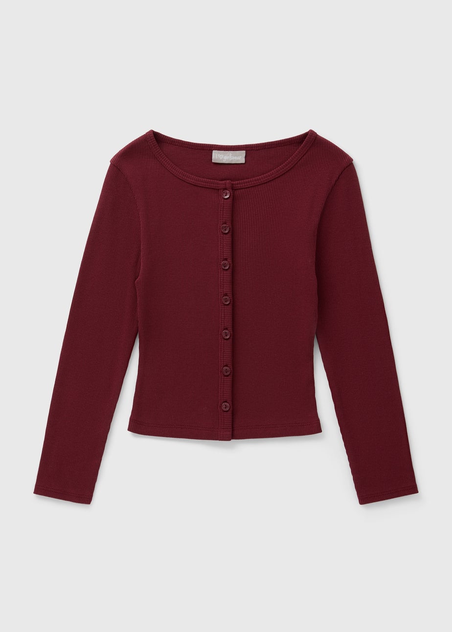Girls Burgundy Button Up Henley Cardigan (7-15yrs)