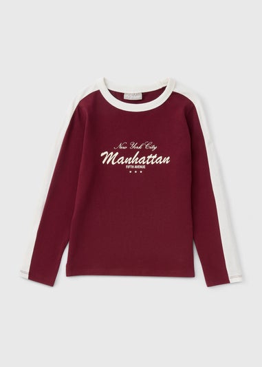 Girls Burgundy Stripe Ringer Long Sleeve Top (7-15yrs)