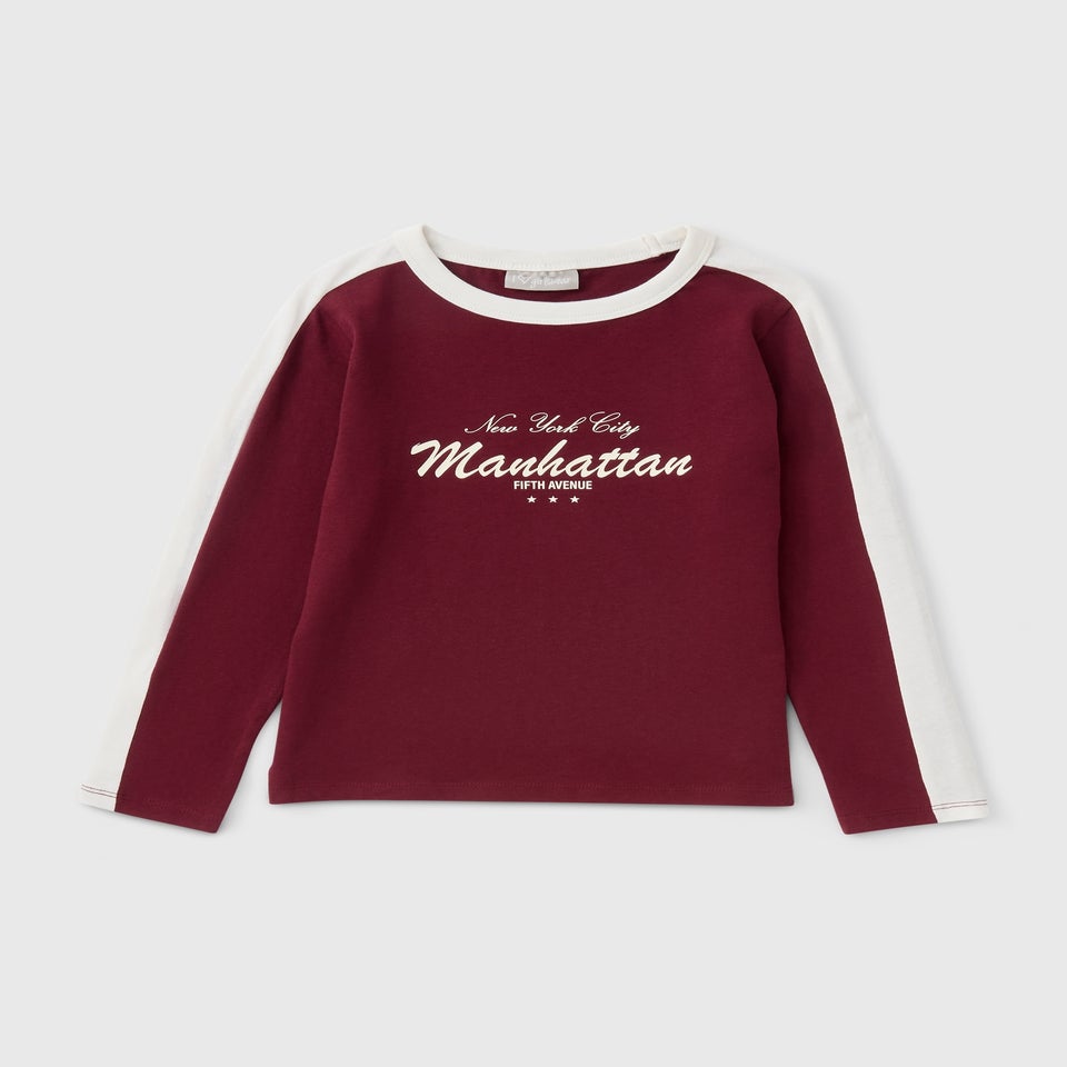 Girls Burgundy Stripe Ringer Long Sleeve Top (7-15yrs)