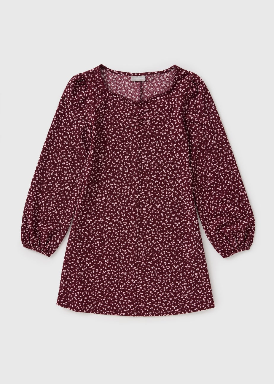 Girls Burgundy Ditsy Floral Dress (7-15yrs)