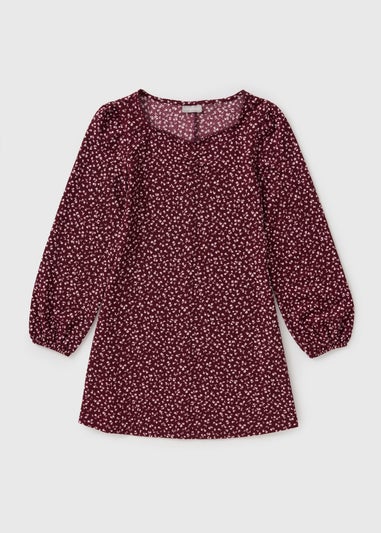 Girls Burgundy Ditsy Floral Dress (7-15yrs)