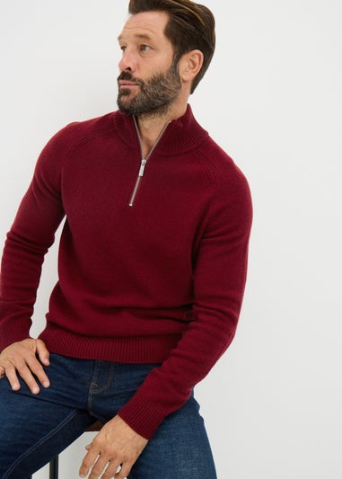 Red Lambswool 1/4 Zip Knit Jumper