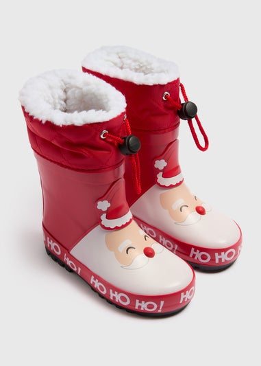 Kids Red Santa Warm Lined Wellies (Younger 4-12)