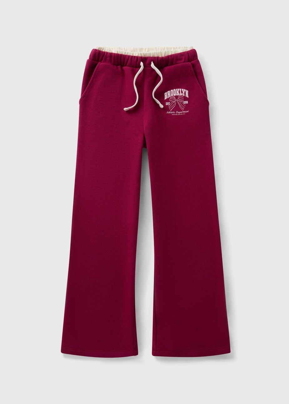 Girls Burgundy Double Band Brooklyn Wide Leg Jogging Bottoms (7-15yrs)