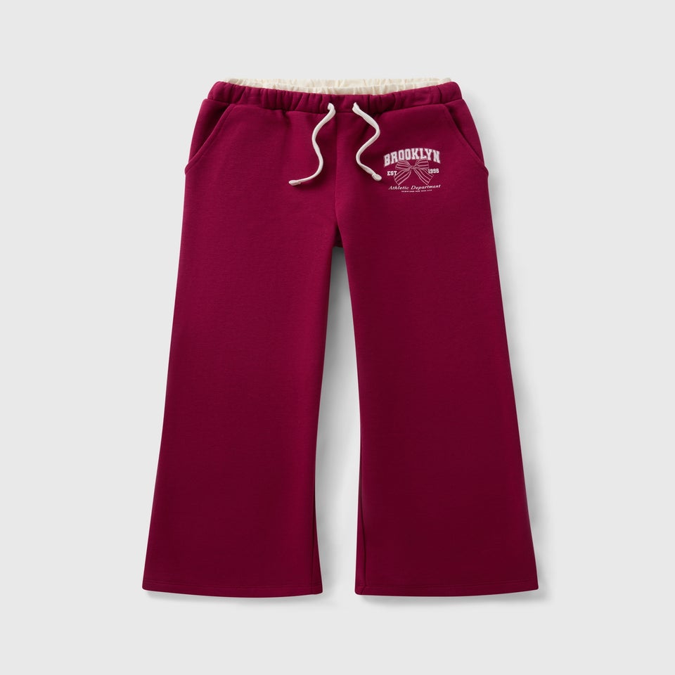 Girls Burgundy Double Band Brooklyn Wide Leg Jogging Bottoms (7-15yrs)