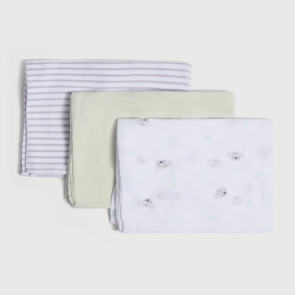 3 Pack Baby Grey Koala Muslin Cloths