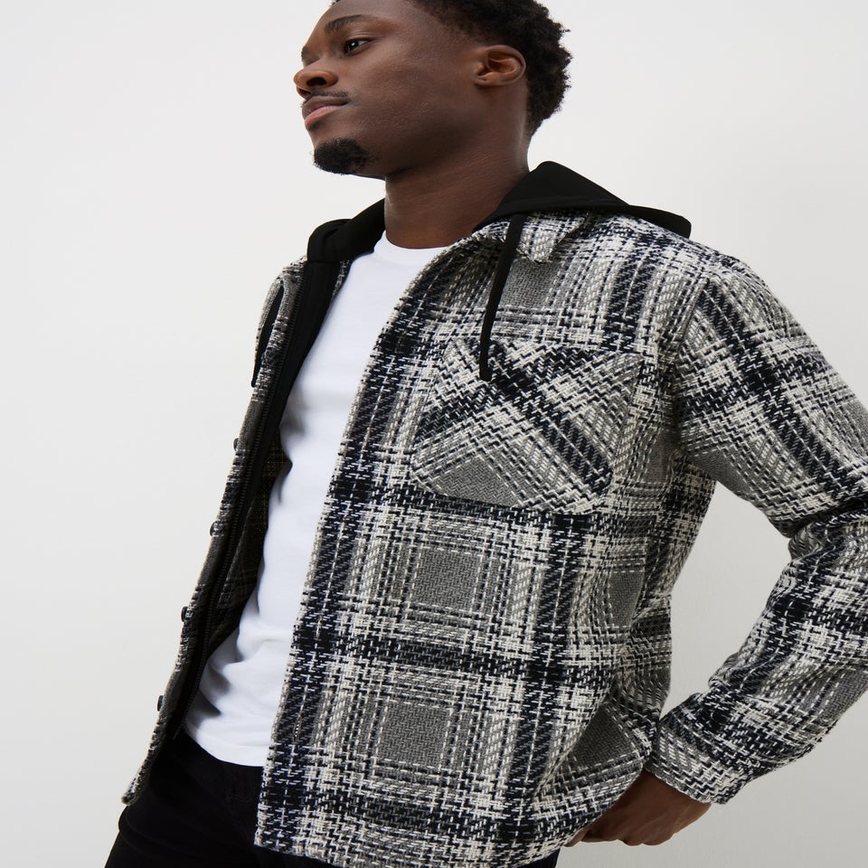 Grey Check Textured Hooded Shacket