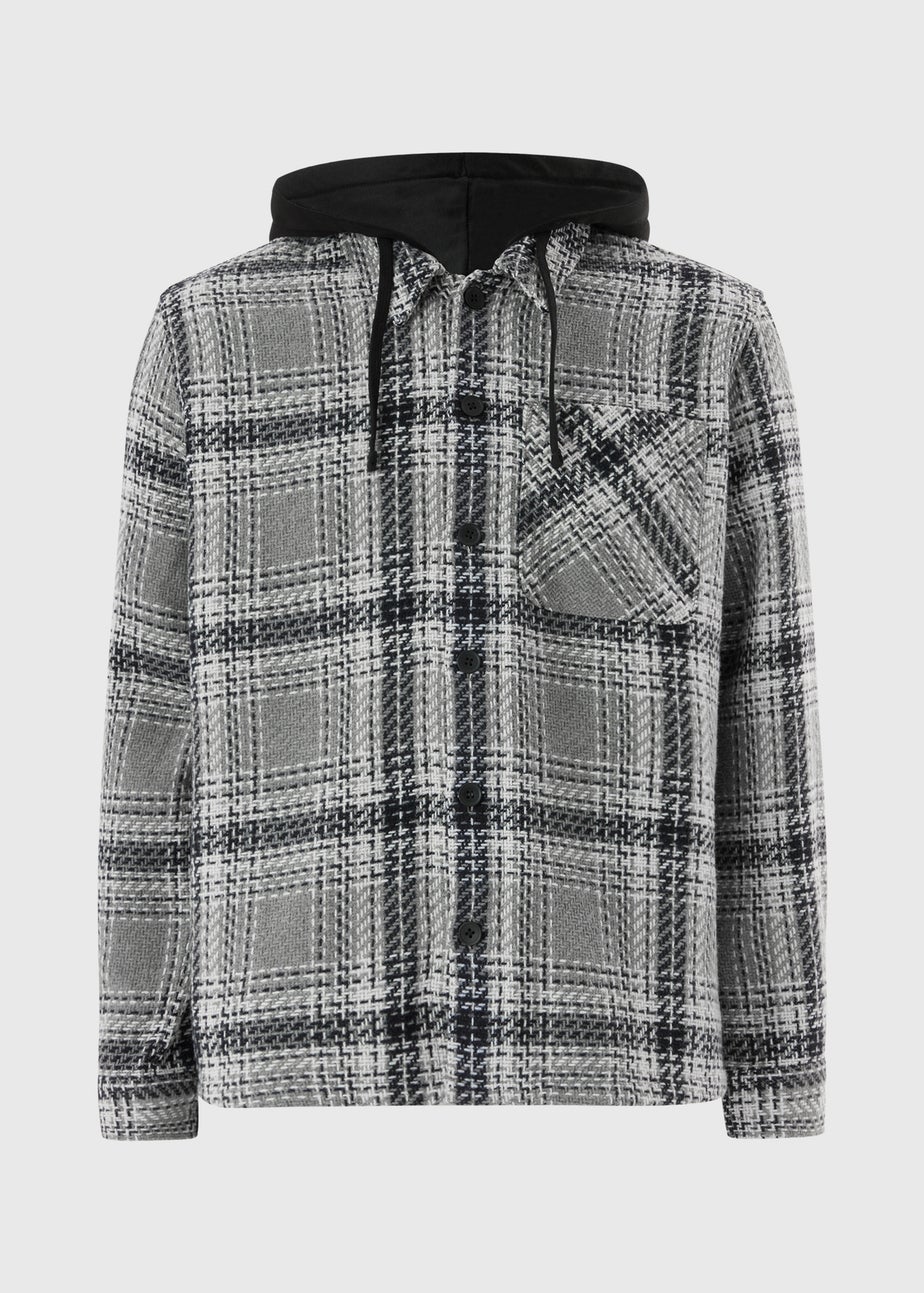Grey Check Textured Hooded Shacket