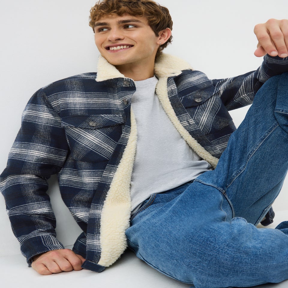 Navy Check Borg Lined Shacket