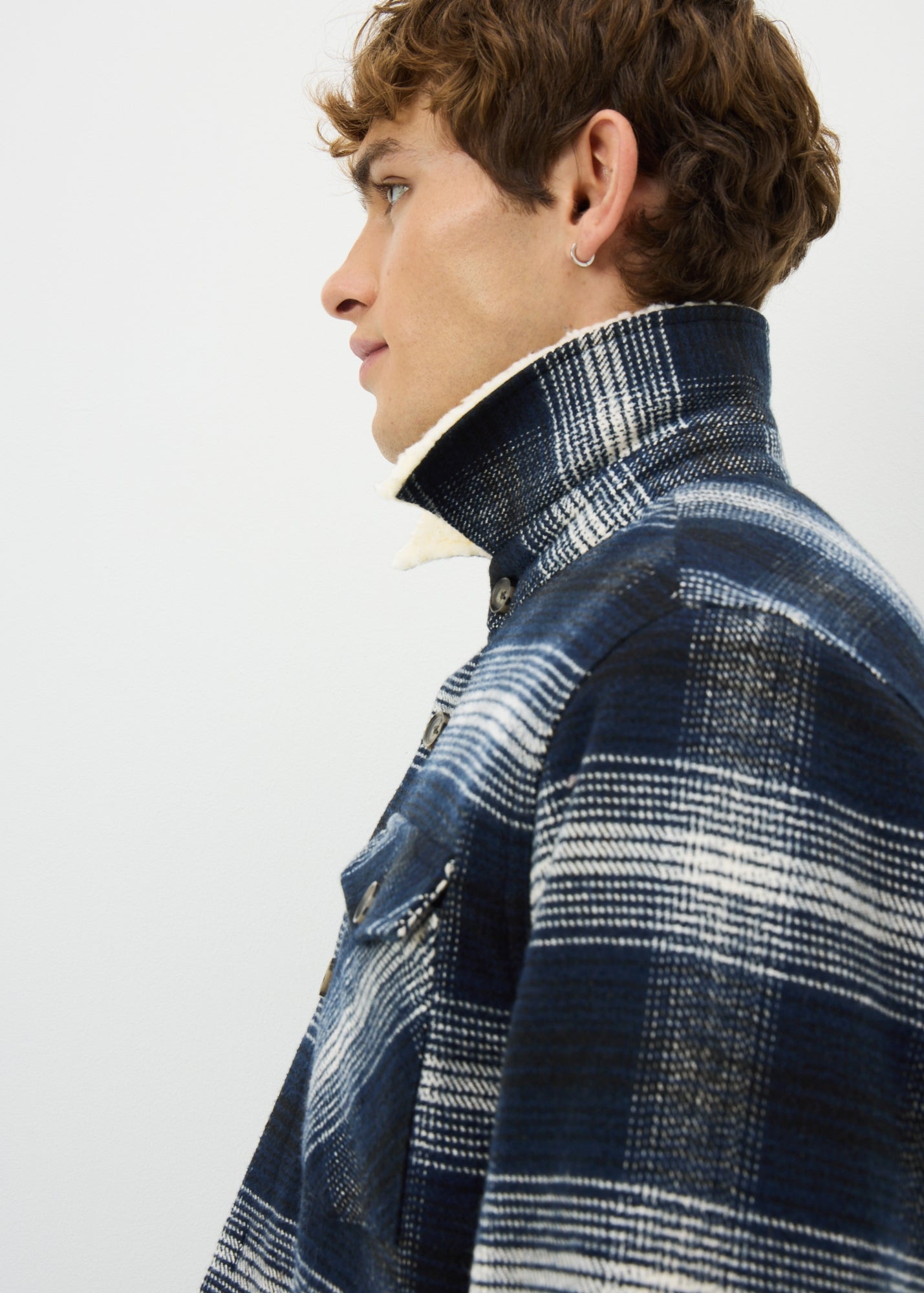 Navy Check Borg Lined Shacket - Matalan