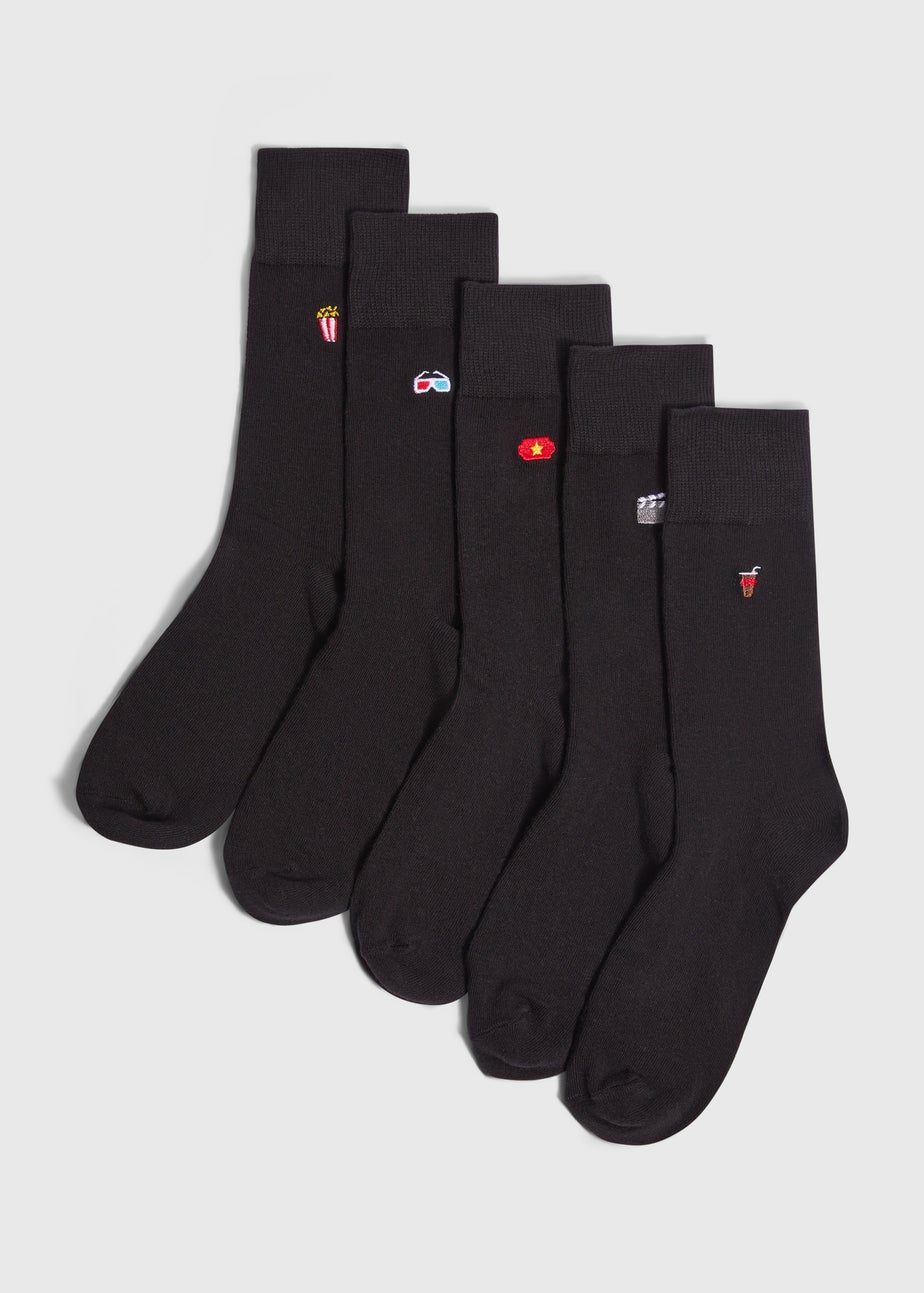 5 Pack Black Cinema Embroidered Socks