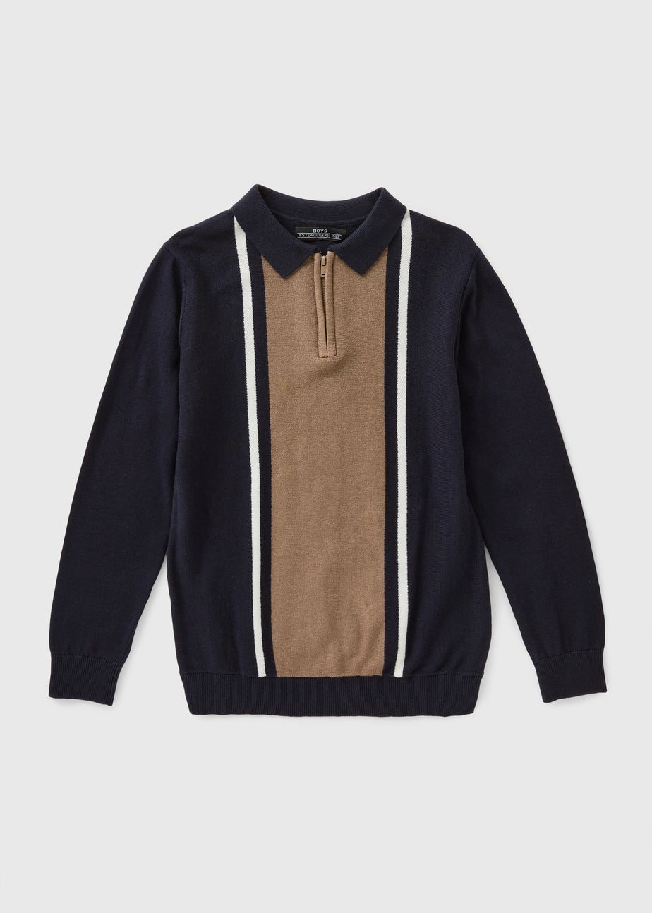 Boys Navy Knit Stripe Polo  (7-15yrs)