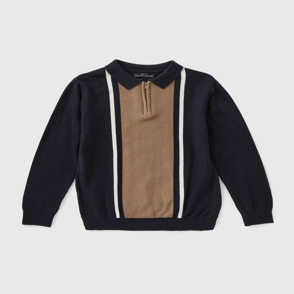 Boys Navy Knit Stripe Polo  (7-15yrs)