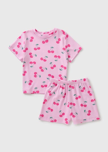 Girls Pink Cherry Ribbed Short Pyjama Set (4-13yrs)