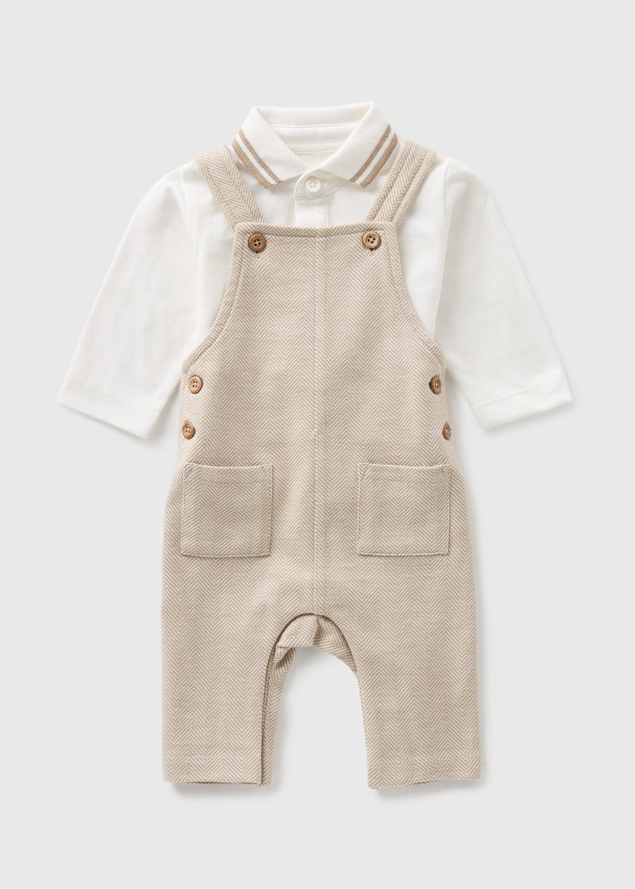 Baby Beige Herringbone Polo & Dungaree Set (Newborn-23mths)