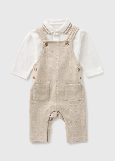 Baby Beige Herringbone Polo & Dungaree Set (Newborn-23mths)