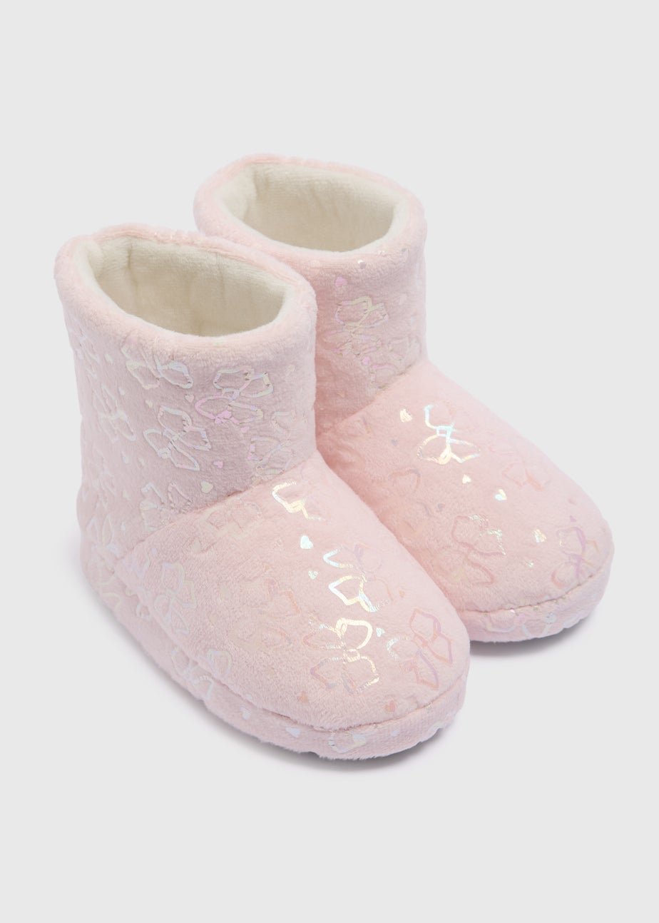 Girls Pink Shiny Bow Slipper Boots (Younger 4-12)