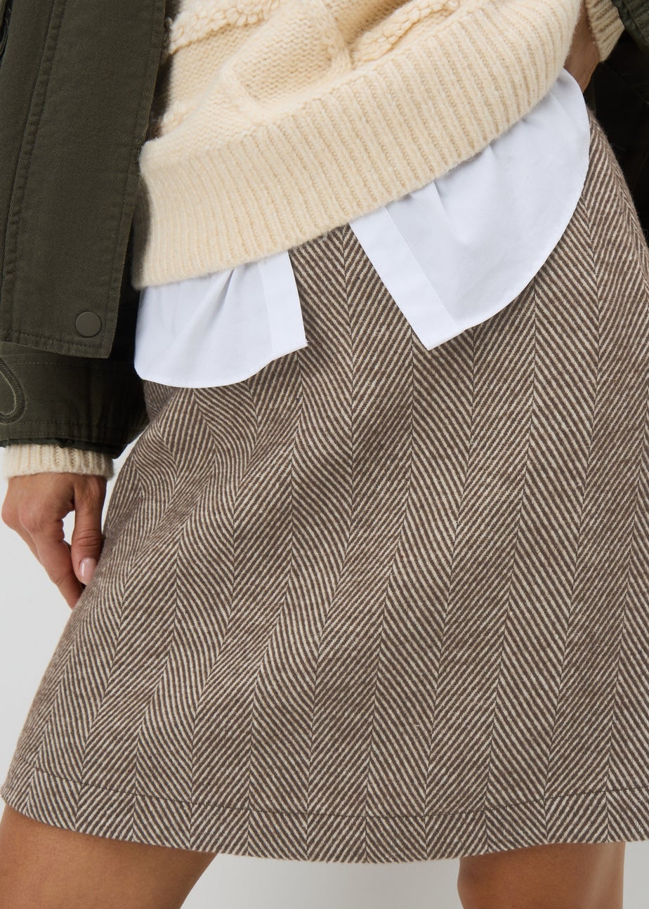 Brown Check Herringbone Mini Skirt