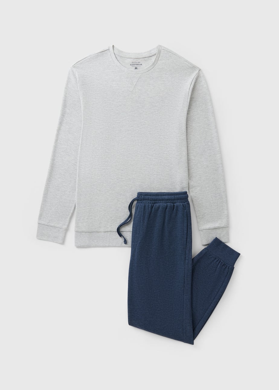 Grey & Blue Denim Marl Waffle Pyjama Set