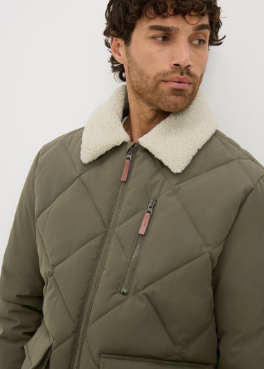 Showerproof Khaki Borg Puffer Jacket
