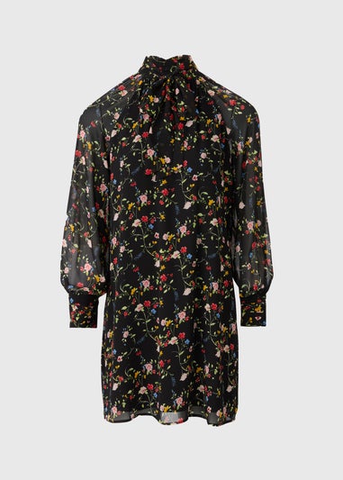 Multicolour Floral Tie Neck Mini Dress