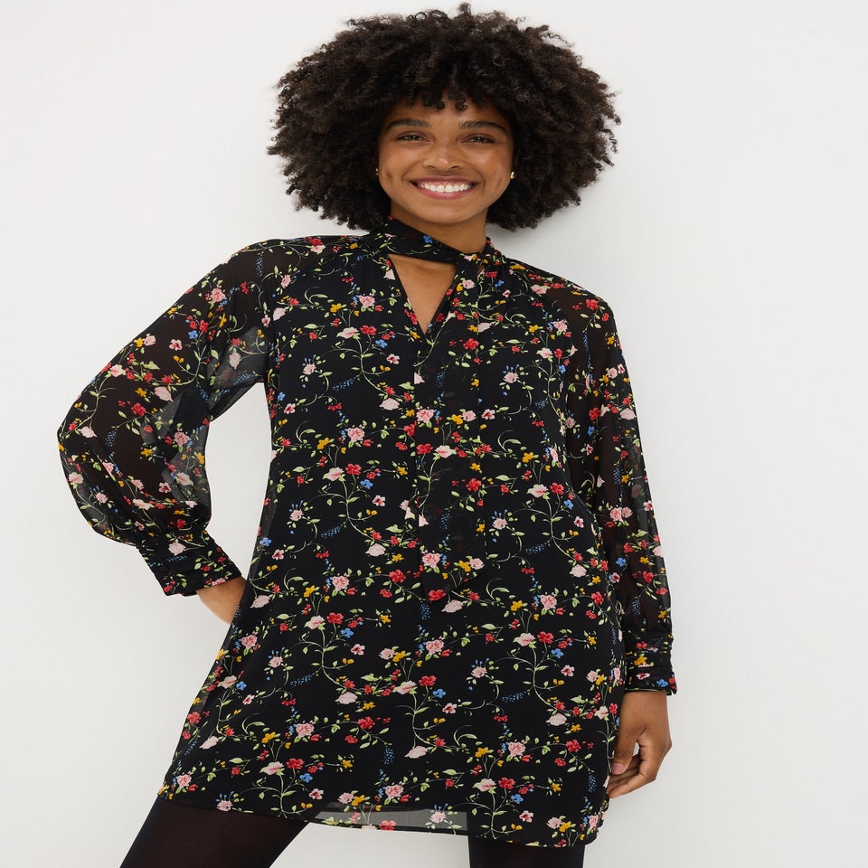 Multicolour Floral Tie Neck Mini Dress