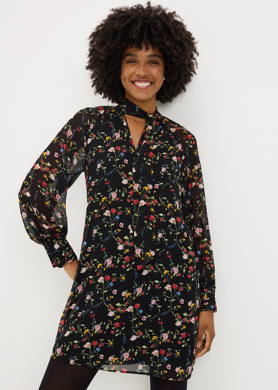 Multicolour Floral Tie Neck Mini Dress