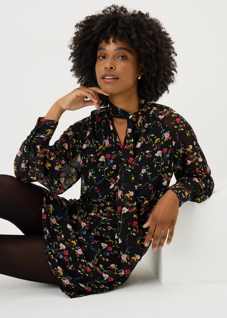 Multicolour Floral Tie Neck Mini Dress