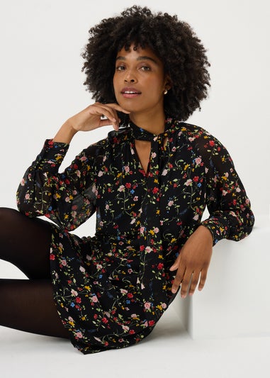 Multicolour Floral Tie Neck Mini Dress