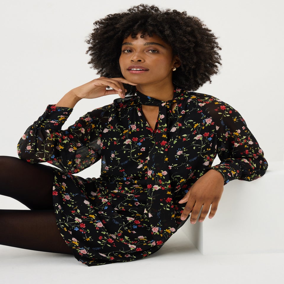 Multicolour Floral Tie Neck Mini Dress