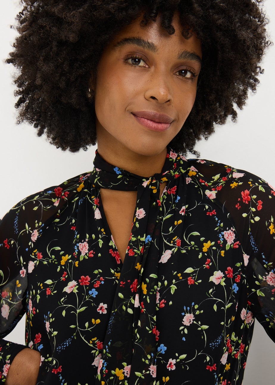 Multicolour Floral Tie Neck Mini Dress