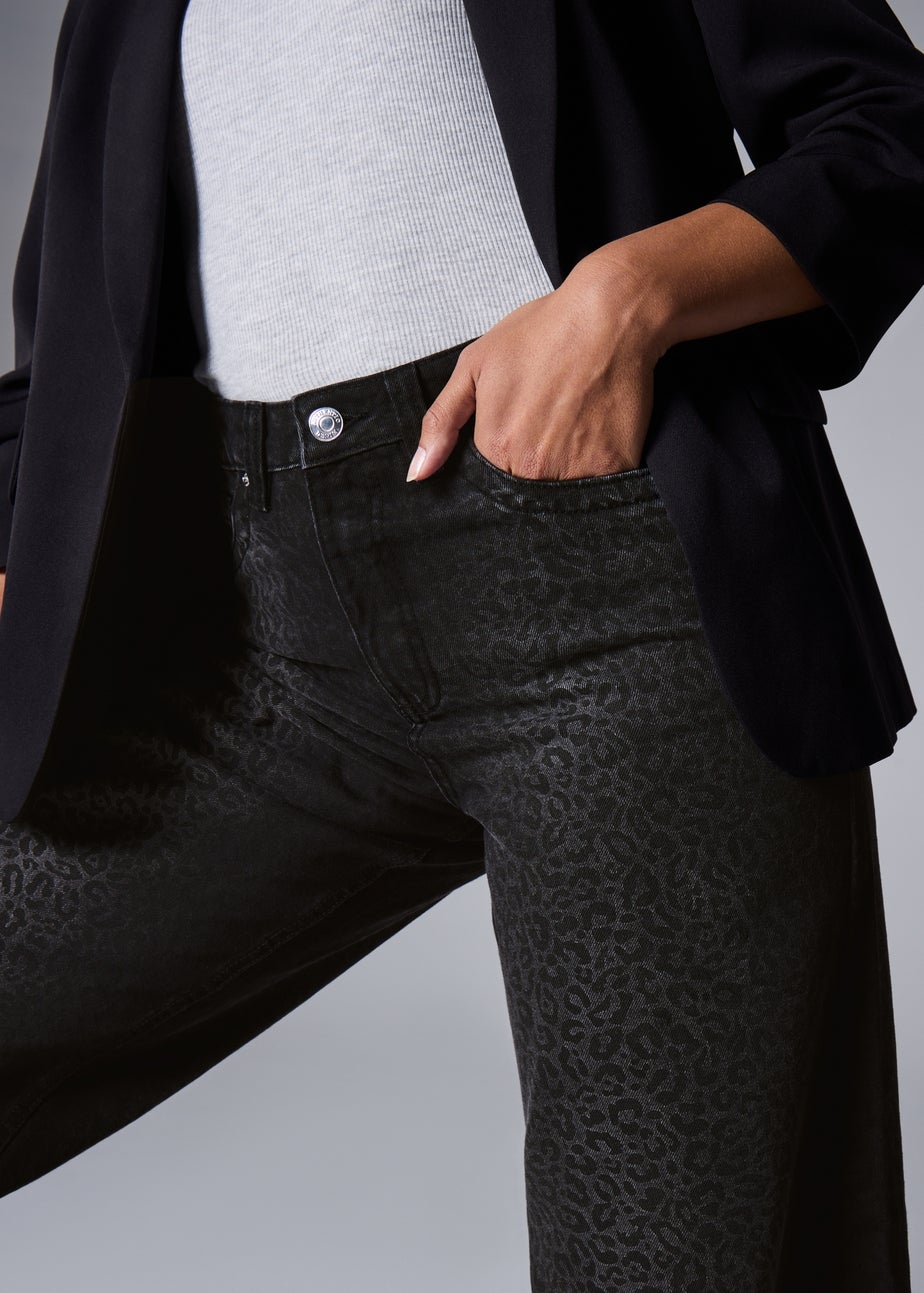 Grey Leopard Print Wide Leg Jeans