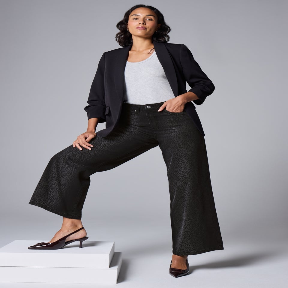 Grey Leopard Print Wide Leg Jeans