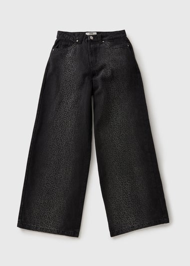 Grey Leopard Print Wide Leg Jeans