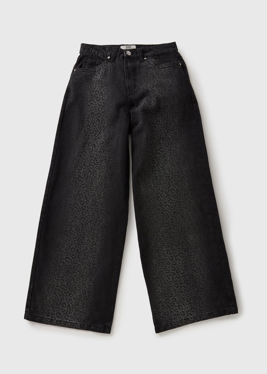Grey Leopard Print Wide Leg Jeans