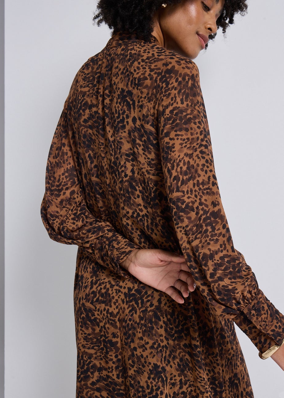 Brown Animal Print Tie Neck Mini Dress