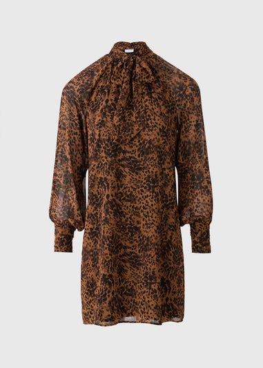 Brown Animal Print Tie Neck Mini Dress