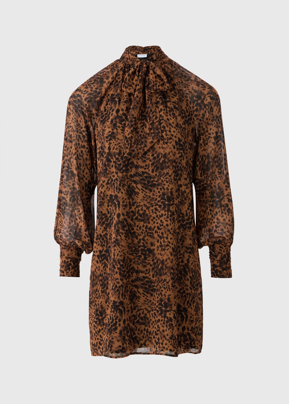 Brown Animal Print Tie Neck Mini Dress