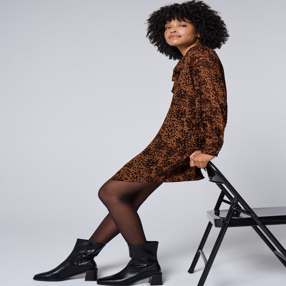 Brown Animal Print Tie Neck Mini Dress