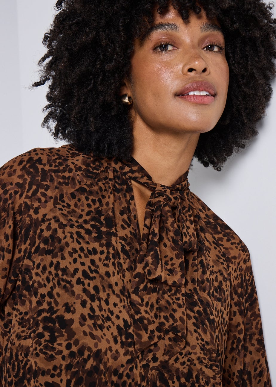 Brown Animal Print Tie Neck Mini Dress