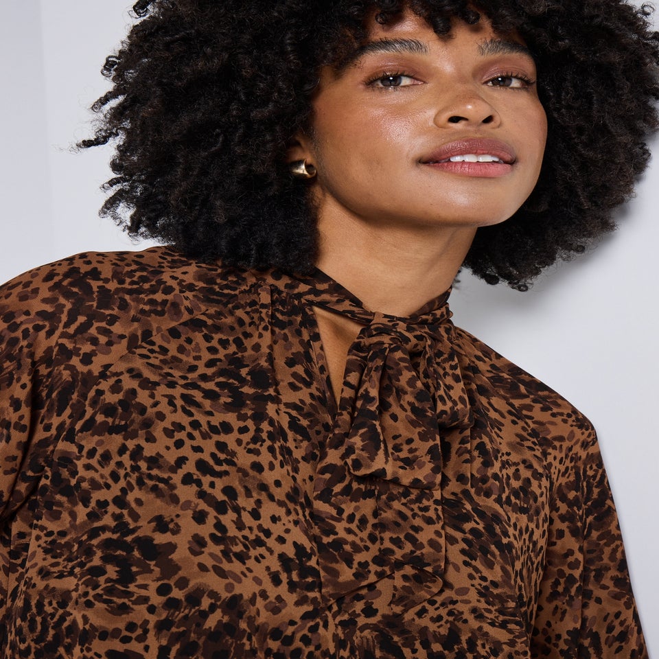 Brown Animal Print Tie Neck Mini Dress