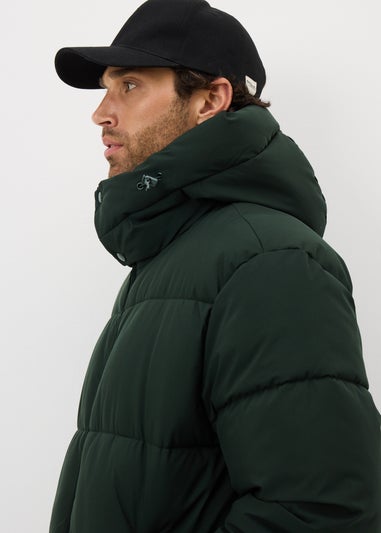 Showerproof Green Mid Length Puffer Coat