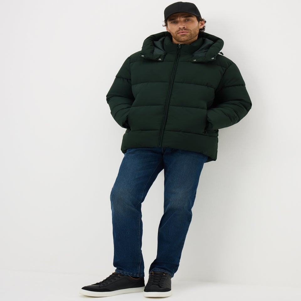 Showerproof Green Mid Length Puffer Coat