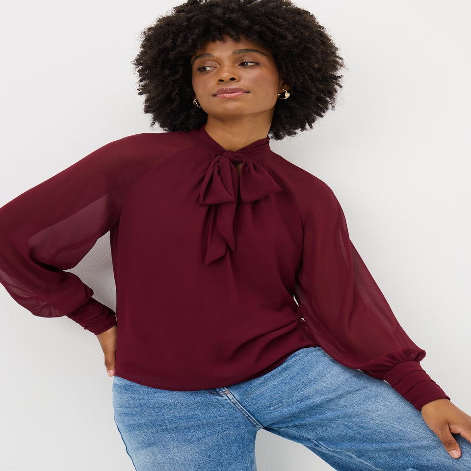 Burgundy Tie Neck Boho Blouse